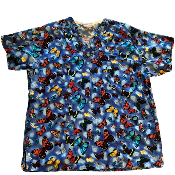 Peaches Uniforms Tops - Peaches Uniforms Vibrant Butterfly Dragonfly Scrub Medical Top Size M-L?